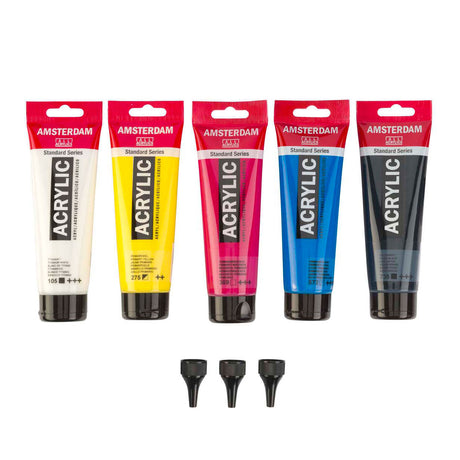 Ensemble primaire de peinture acrylique Bruynzeel Amsterdam série standard 120 ml, 5 pcs. + 3 becs doseurs