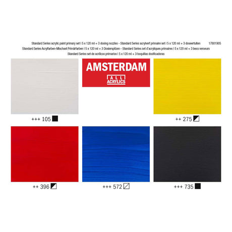 Ensemble primaire de peinture acrylique série standard Amsterdam | 5 x 120 ml + 3 becs doseurs