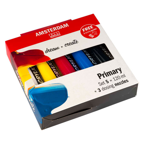 Ensemble primaire de peinture acrylique série standard Amsterdam | 5 x 120 ml + 3 becs doseurs