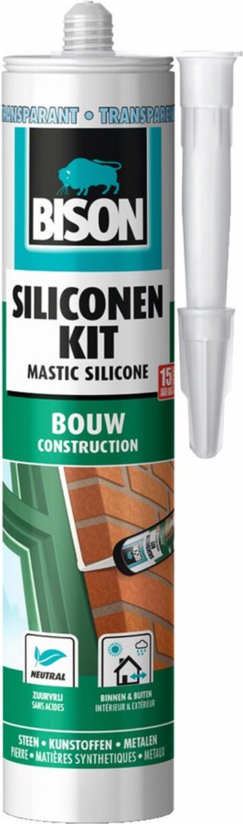 Bison Mastic silicone construction tube transparent 300 ml élastique permanent, résistant à l'eau, tous joints de construction
