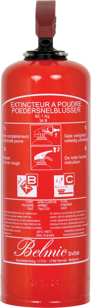 Extincteur Belmic 1kg - extincteur à poudre - conforme à la norme belge Benor 2032 - classe de feu b + c - ne convient pas pour éteindre les graisses (graisse de friture ou huile de cuisson)