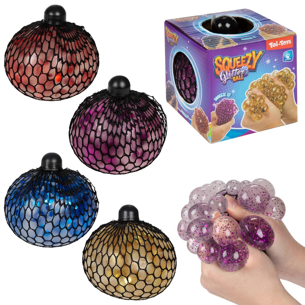 Toi-toys balle à presser amusante à paillettes dans un filet, 10 cm