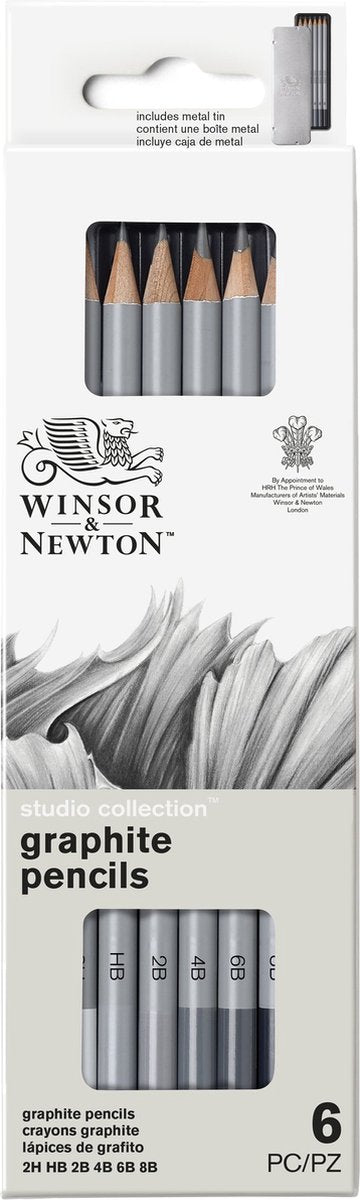 Winsor Newton 0490006 Lot de 6 crayons graphite Studio Collection – Crayons à croquis, crayons à dessin 2H-8B dans une boîte en métal