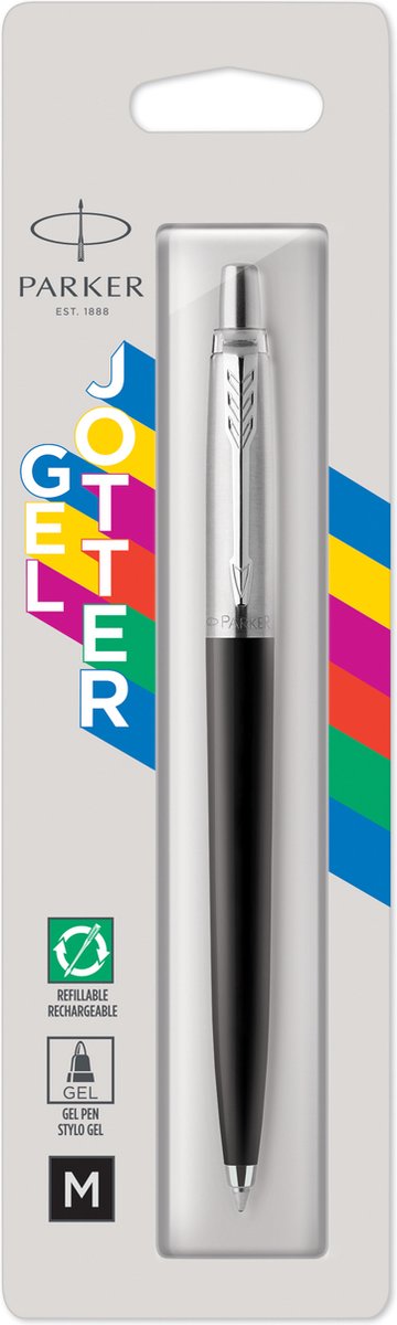Stylo gel Parker Jotter | acier inoxydable et noir | pointe moyenne à l'encre noire (0,7 mm)
