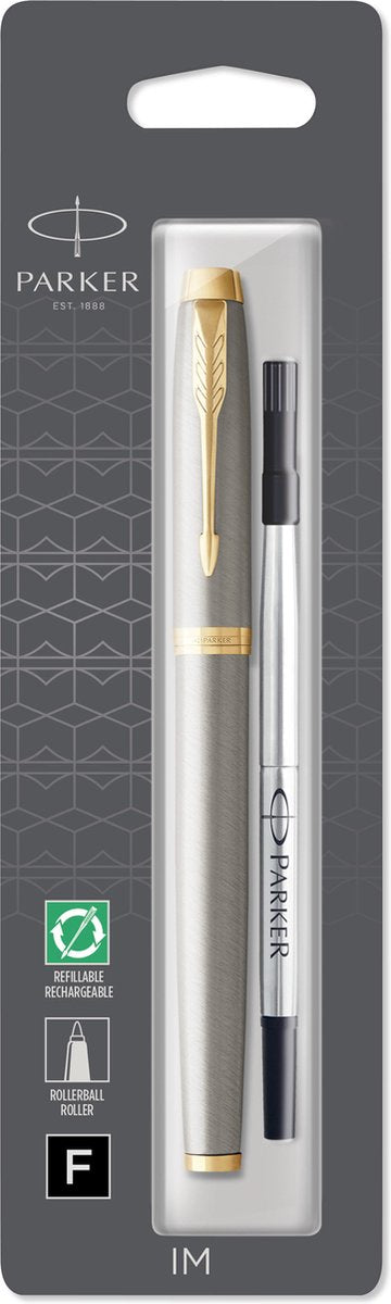 Parker dans un stylo roller | métal brossé avec finition dorée | plume fine | encre noire