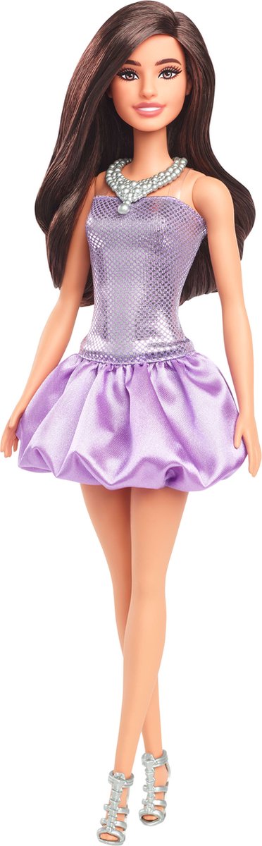 Poupée Barbie fashionista en robe violette à paillettes.