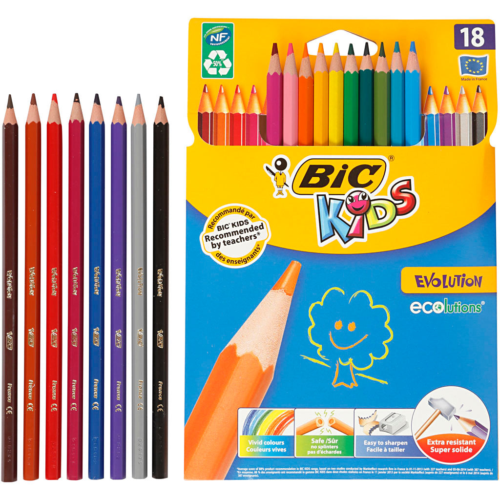 Crayons de couleur Bic évolution, hexagonaux, L : 17,5 cm, recharge 3 mm, couleurs assorties, 18 pièces 1 boîte