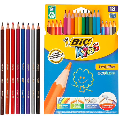 Crayons de couleur Bic évolution, hexagonaux, L : 17,5 cm, recharge 3 mm, couleurs assorties, 18 pièces 1 boîte