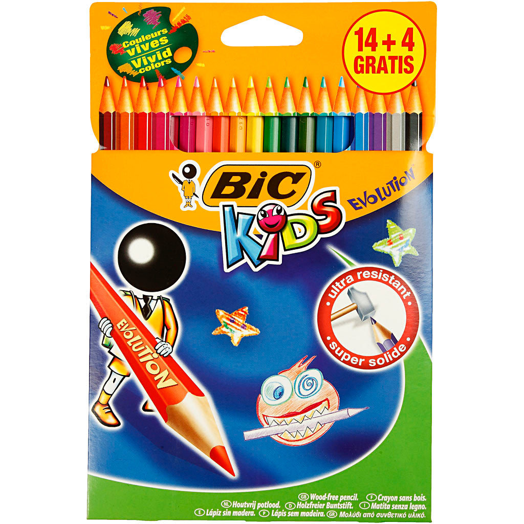 Crayons de couleur Bic évolution, hexagonaux, L : 17,5 cm, recharge 3 mm, couleurs assorties, 18 pièces 1 boîte