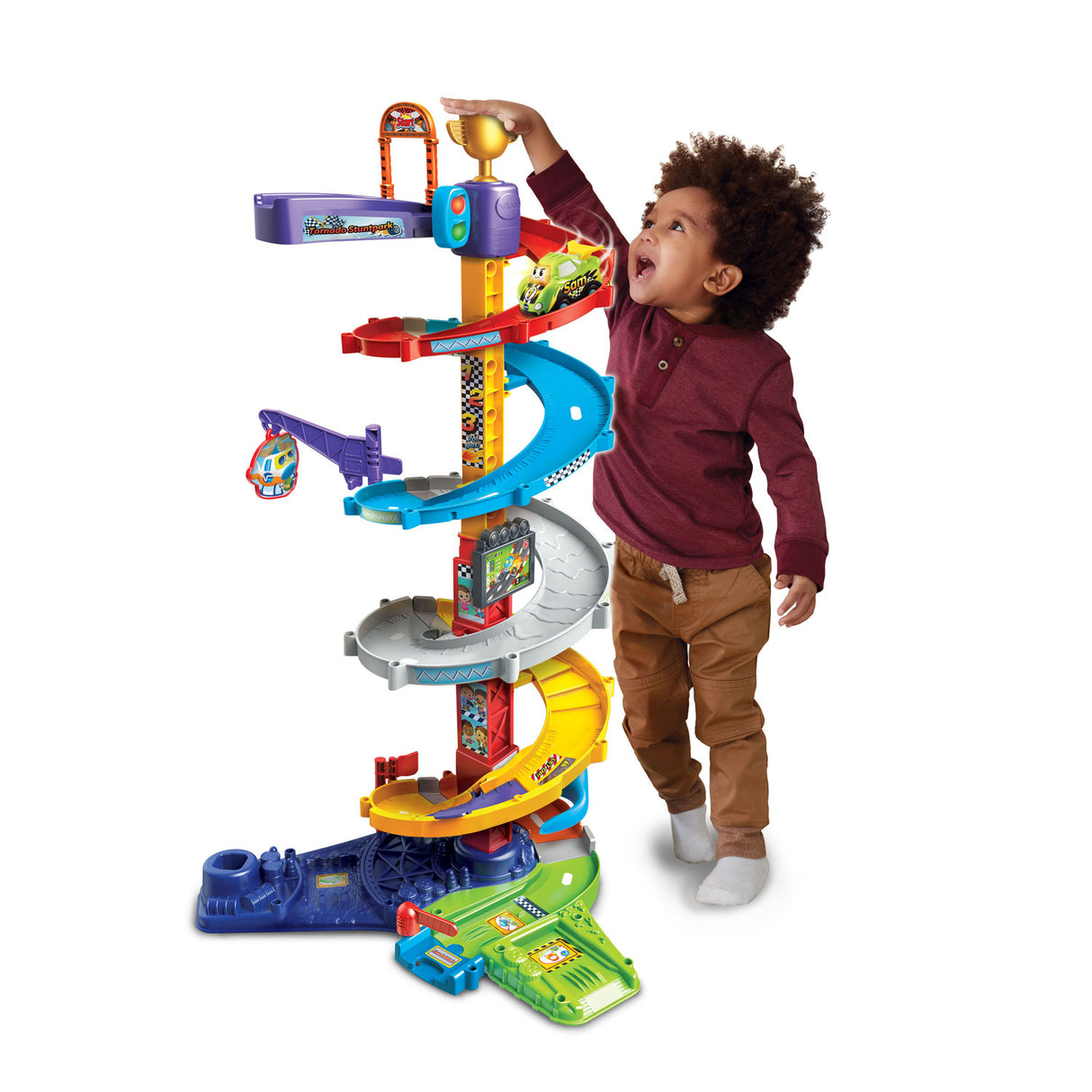 Vtech toot toot cars tornado stunt park - piste de voiture de tour de course avec sam stunt car - encourage les jeux de rôle - cadeau - 1 à 5 ans