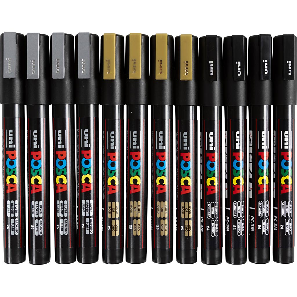 Marqueur Uni-posca posca, taille PC-3m, largeur de trait 0,9-1,3 mm, fin, noir, or, argent, 12 div 1 boîte