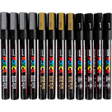 Marqueur Uni-posca posca, taille PC-3m, largeur de trait 0,9-1,3 mm, fin, noir, or, argent, 12 div 1 boîte