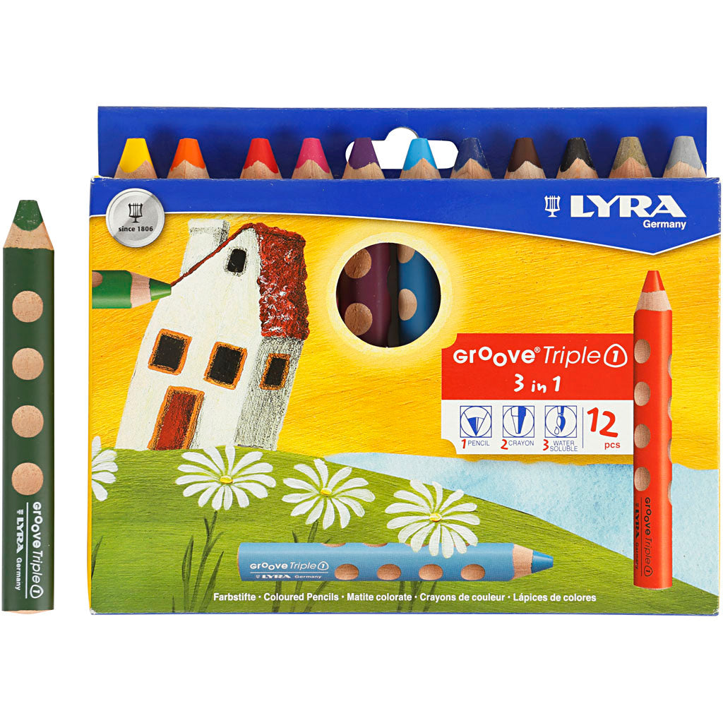 Crayons de couleur Lyra groove triple1, l : 12 cm, recharge 10 mm, couleurs assorties, 12 pièces 1 boîte