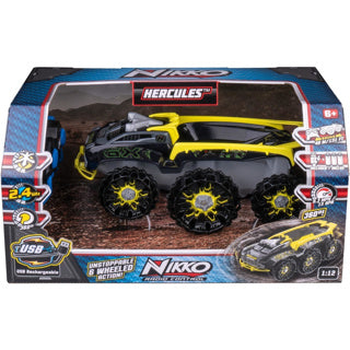Nikko rc car Hercules - voiture rechargeable contrôlée par USB-C avec batterie pour l'intérieur et l'extérieur - pour les enfants à partir de 6 ans - fonction spéciale avec 6 roues - voiture de cascade avec rotation à 360° - 30 cm