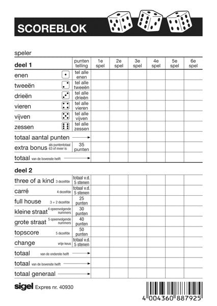 Express -Score -Block Sigel für Yahtzee