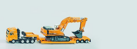 Siku 1847, camion avec chargeur surbaissé pour transport lourd, 1:87, métal plastique, bleu jaune, remorque amovible