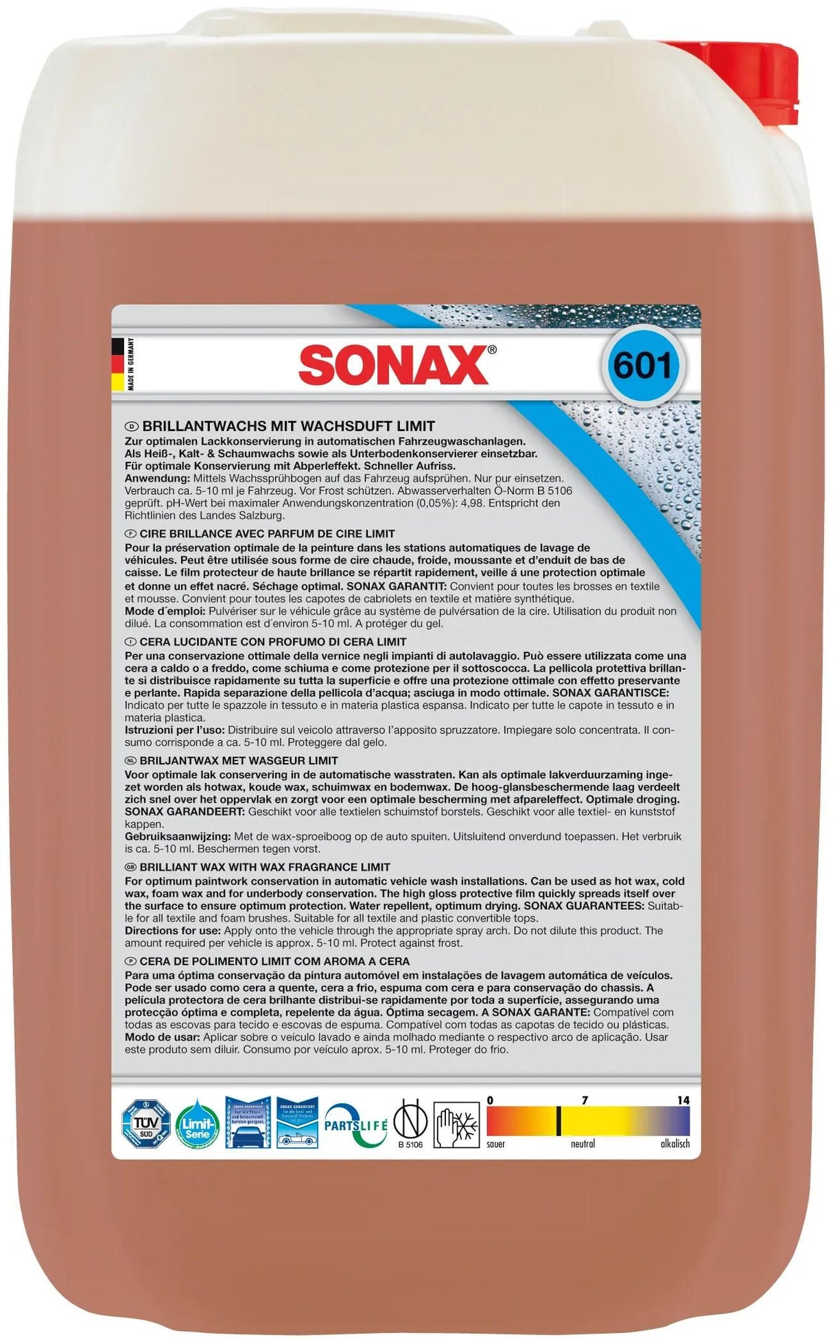 Sonax additif de nettoyage brillantwachs mit wachsduft brillant cire limite 25 25 l cubitainer