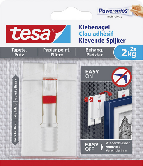 Clou réglable Tesa pour enduit à papier peint 2 kg - 2 pièces - clou mural - amovible