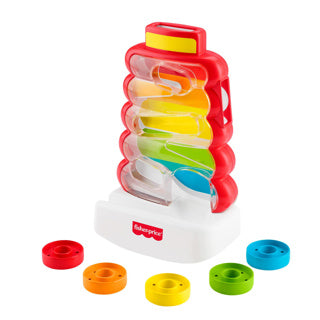 Anneaux roulants Fisher-Price dans une tour d'empilage bancale