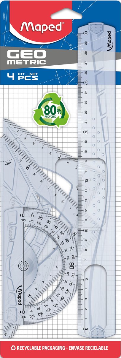 Kit géométrique de bureau Maped comprenant 2 triangles 21 cm, une règle de 30 cm et 1 rapporteur