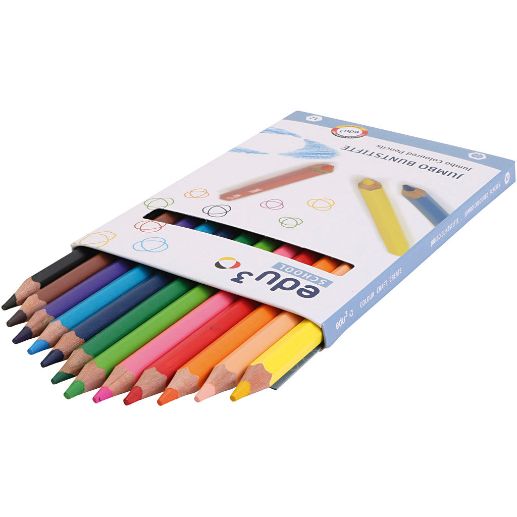 Crayons de couleur Edu3 edu jumbo, épaisseur 10 mm, recharge 5 mm, différentes couleurs, 12 pièces 1 boîte