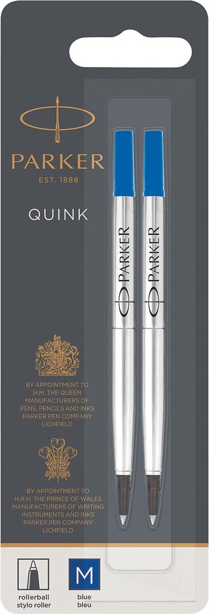 Stylo roller Parker - pointe moyenne - encre Quink bleue - 2 pièces