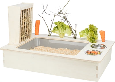 Station d'alimentation Trixie avec bol à nourriture, bol à eau, râtelier à foin, bois naturel