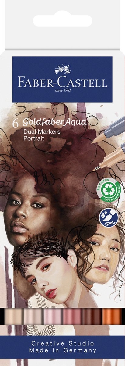 Faber-castell - duo marqueur aquarelle goldfaber - set 6 pièces portrait - pinceau 0,6mm - fc-164523