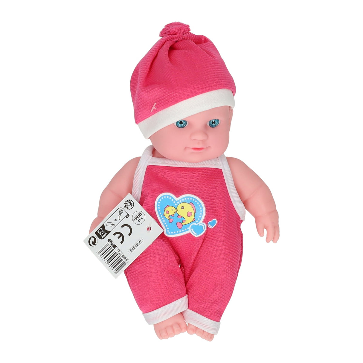 Poupée bébé avec barboteuse cœur et chapeau