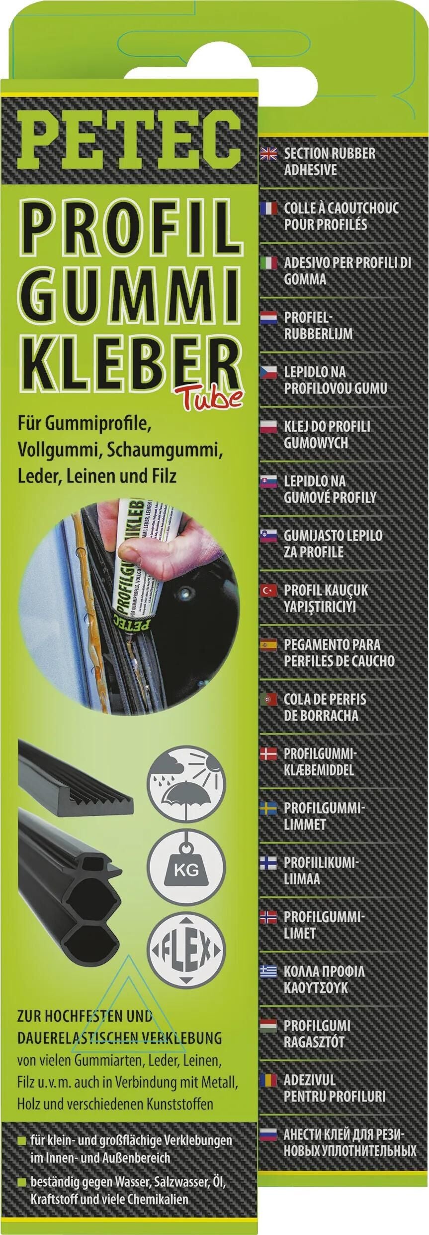 Adhésif pour profil en caoutchouc Petec, 7 tubes, sur carte SB