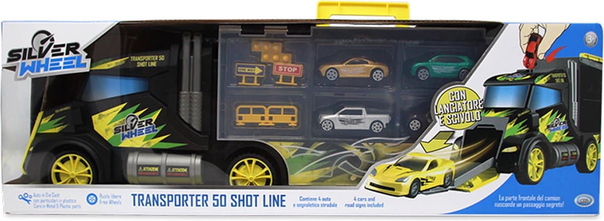 Magasin de vente au détail en ligne camion transporteur à roues argentées avec 4 voitures