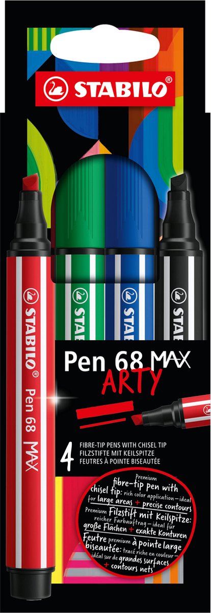 Stabilo pen 68 max arty - feutre à pointe biseautée épaisse - lot de 4 pièces