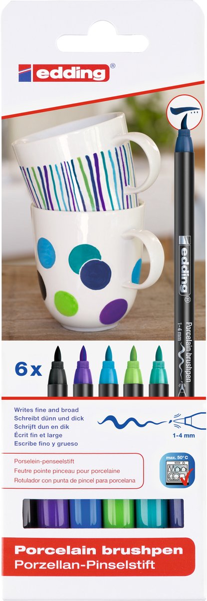 Marqueurs pour porcelaine Edding 4200 - set de couleurs froides - 6 marqueurs - pointe pinceau flexible 1-4 mm - feutre pour peindre et décorer la porcelaine céramique - passe au lave-vaisselle, encre résistante à la lumière, séchage rapide