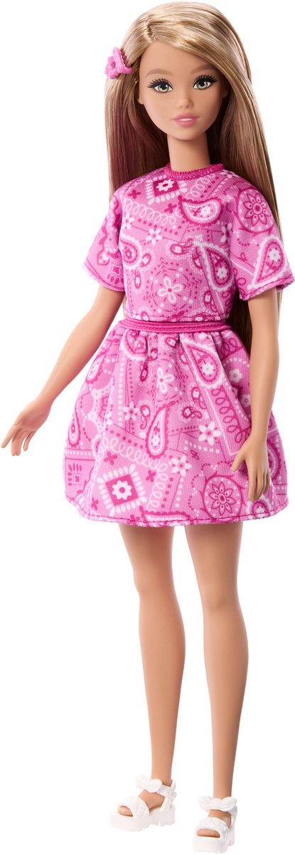 Style Barbie fashionistas - poupée avec jupe rose à motif cachemire et cheveux blonds