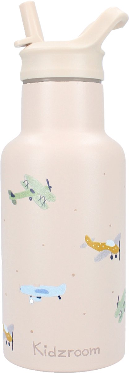 Kidzroom small talk - gobelet et gourde d'école - 350 ml - acier inoxydable - avion - beige