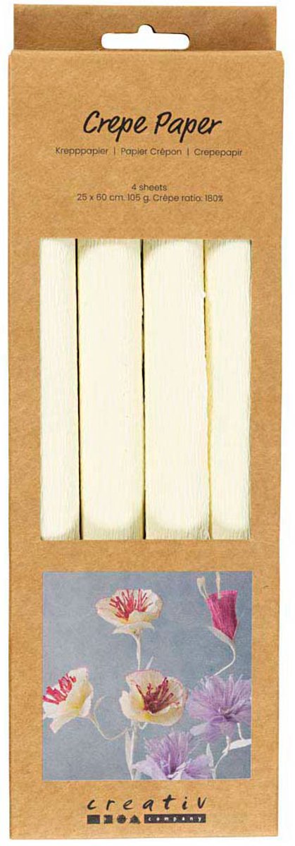 Papier crépon Creativ company, feuille 25x60 cm, taux de crêpe : 180%, 105 gr, blanc cassé, 4 feuilles 1 boîte