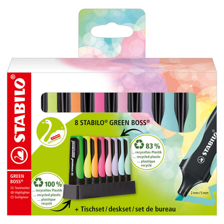 Stabilo green boss pastel - surligneur - fabriqué à partir de 83 % de plastique recyclé - ensemble de bureau 8 pièces - 4 couleurs standards + 4 couleurs pastel