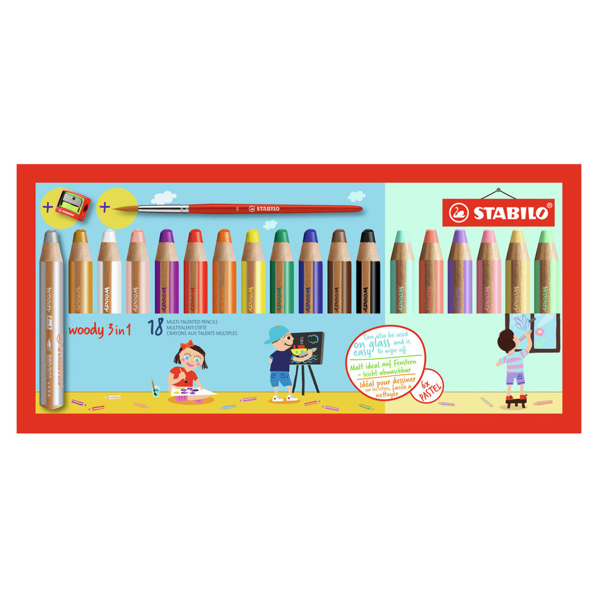 STABILO WOODY 3IN1 CURS - 18 couleurs + lingettes de crayon