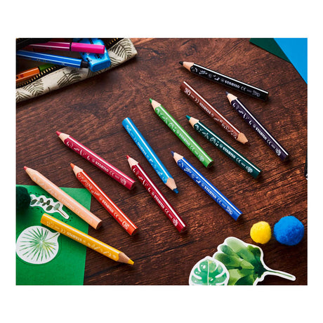 Stabilo trio épais - crayons de couleur triangulaires à noyau extra épais - ambiance animale - étui de 12 couleurs