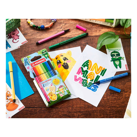 Stabilo pen 68 mini - feutre premium - animal vibes - étui de 8 couleurs + autocollant