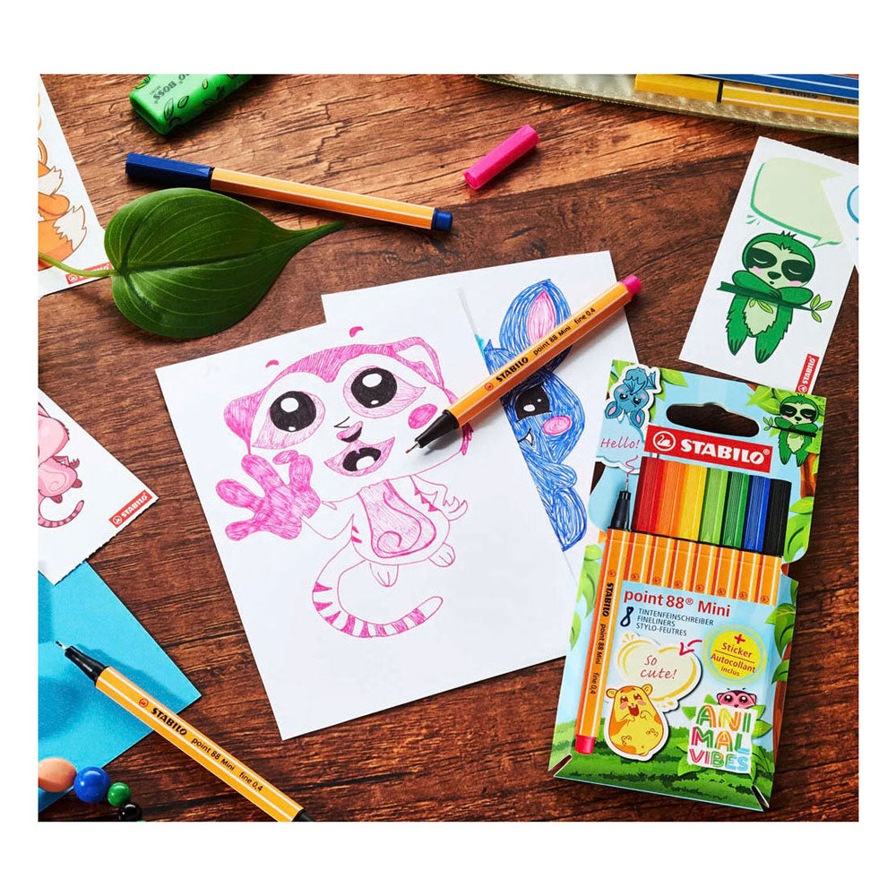 Stabilo point 88 mini - feutre fin premium - vibes animales - étui de 8 couleurs + autocollant