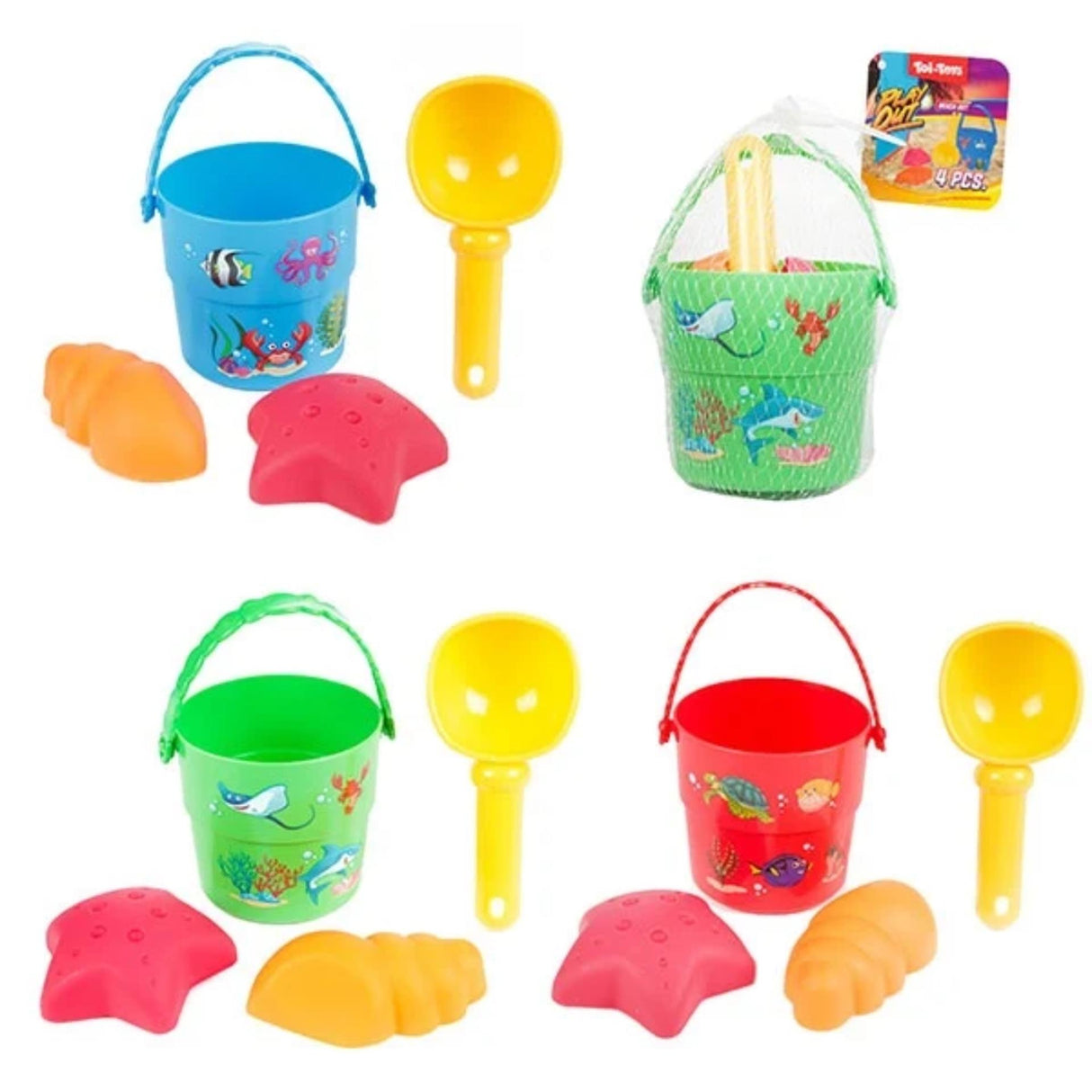 Toi-toys joue un mini ensemble de plage, seau, pelle et formes, 4 pièces.