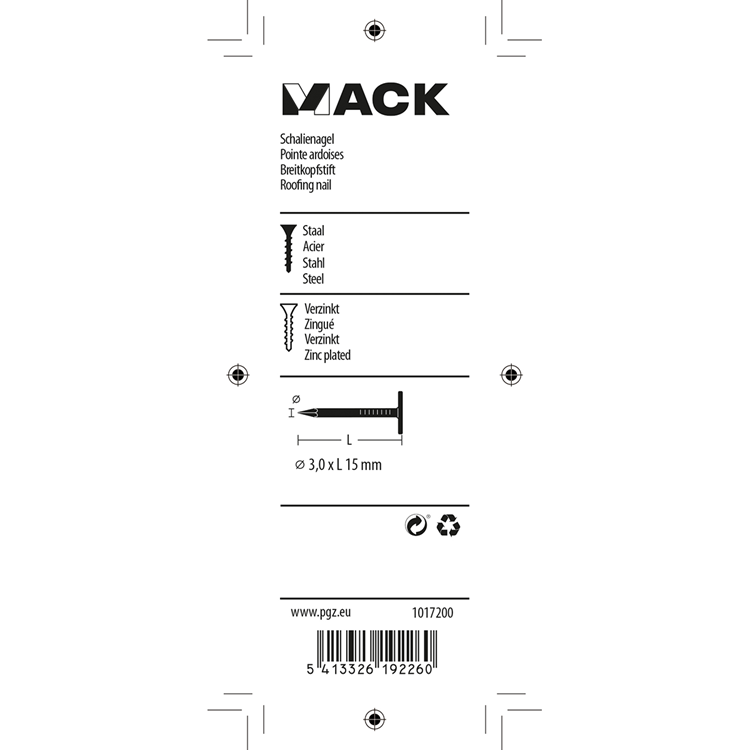 Mack 1017200 - schalienagel staal verzinkt 100 gr 3,0 x 15 mm | 5 stuks