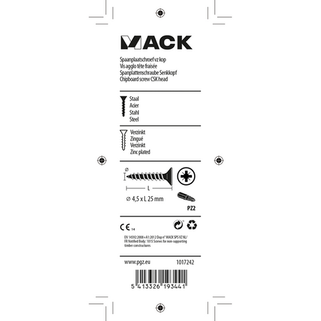 Mack 1017242 - spaanplaatschroef vz kop geelverz.20 st 4,5 x 25 mm | 10 stuks