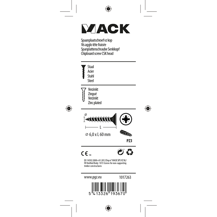 Mack 1017263 - spaanplaatschroef vz kop geelverz. 6 st 6,0 x 60 mm | 10 stuks