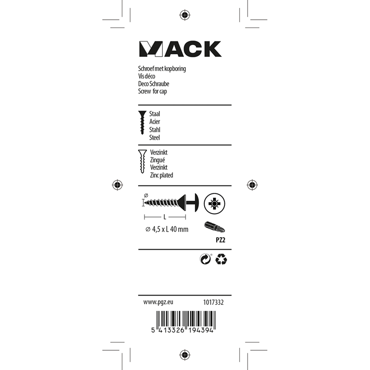 Mack 1017332 - schroef met kopboring staal verz. 10 st 4,5 x 40 mm | 10 stuks