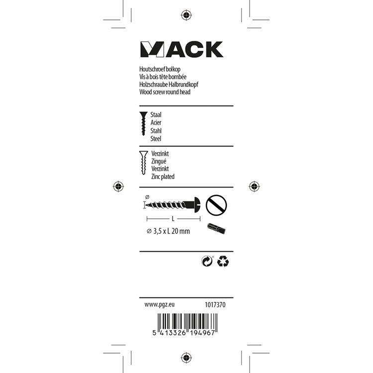 Mack 1017370 - houtschroef bolkop staal verzinkt 19 st 3,5 x 20 mm | 10 stuks