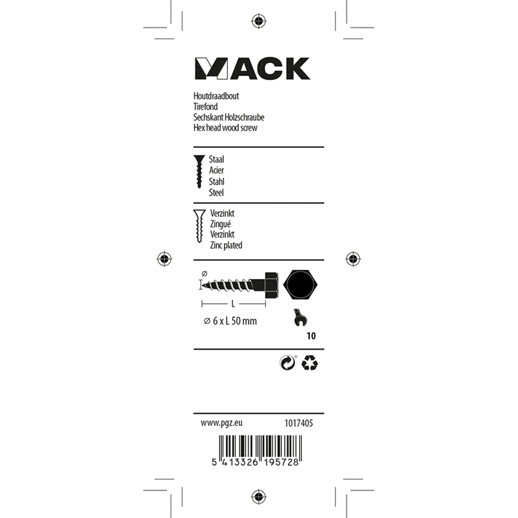 Mack 1017405 - houtdraadbout staal verzinkt 9 st 6 x 50 mm | 10 stuks