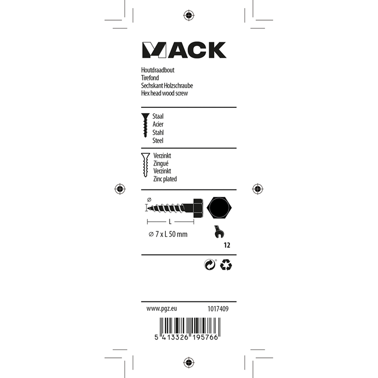 Mack 1017409 - houtdraadbout staal verzinkt 9 st 7 x 50 mm | 5 stuks