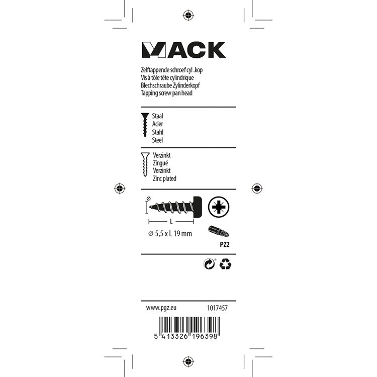 Mack 1017457 - zelftappende schroef cyl kop verz. 10st 5,5 x 19 mm | 10 stuks